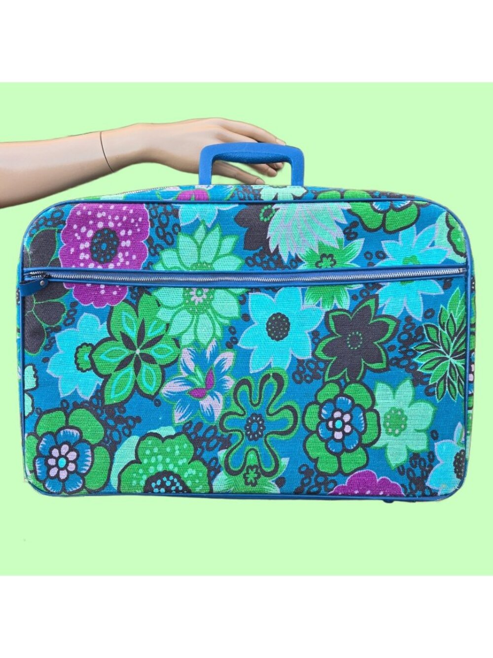Vintage 60s Flower Power Suitcase Blue Floral Mod Overnight Bag Japan 19 x 13